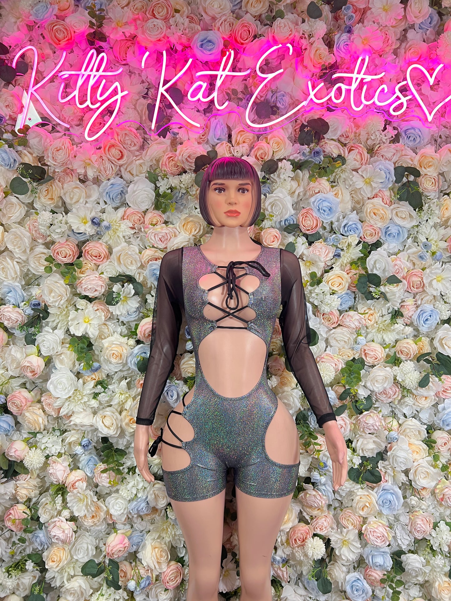 Silver metallic lace-up bodysuit with long sleeves and cheek cutouts