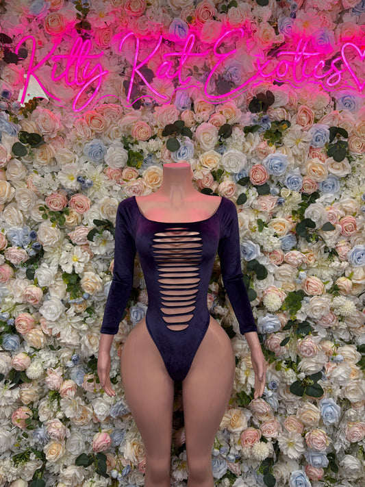 Purple one-piece bodysuit with long sleeves and ribbed lattice cutouts at the waist