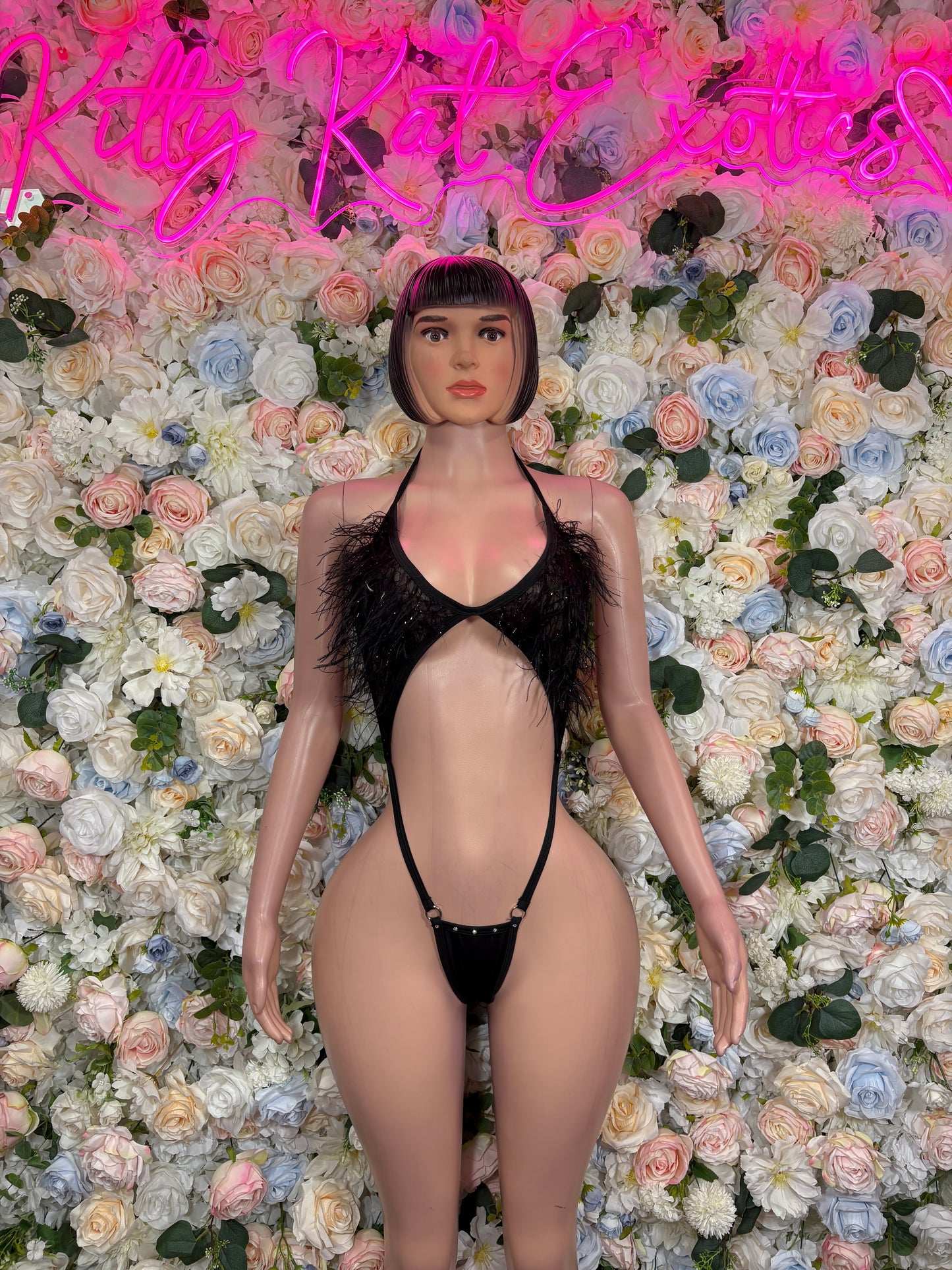Black Feather Fringe Slingshot Bodysuit Rave Festival Exotic Dancewear Sparkly Glitter Club Outfit