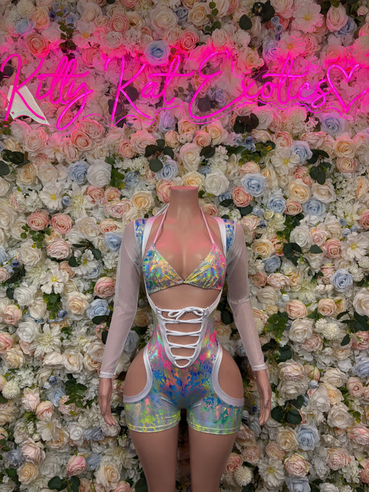 Rainbow holographic dance bodysuit with lace-up front and side cutouts, long sleeves