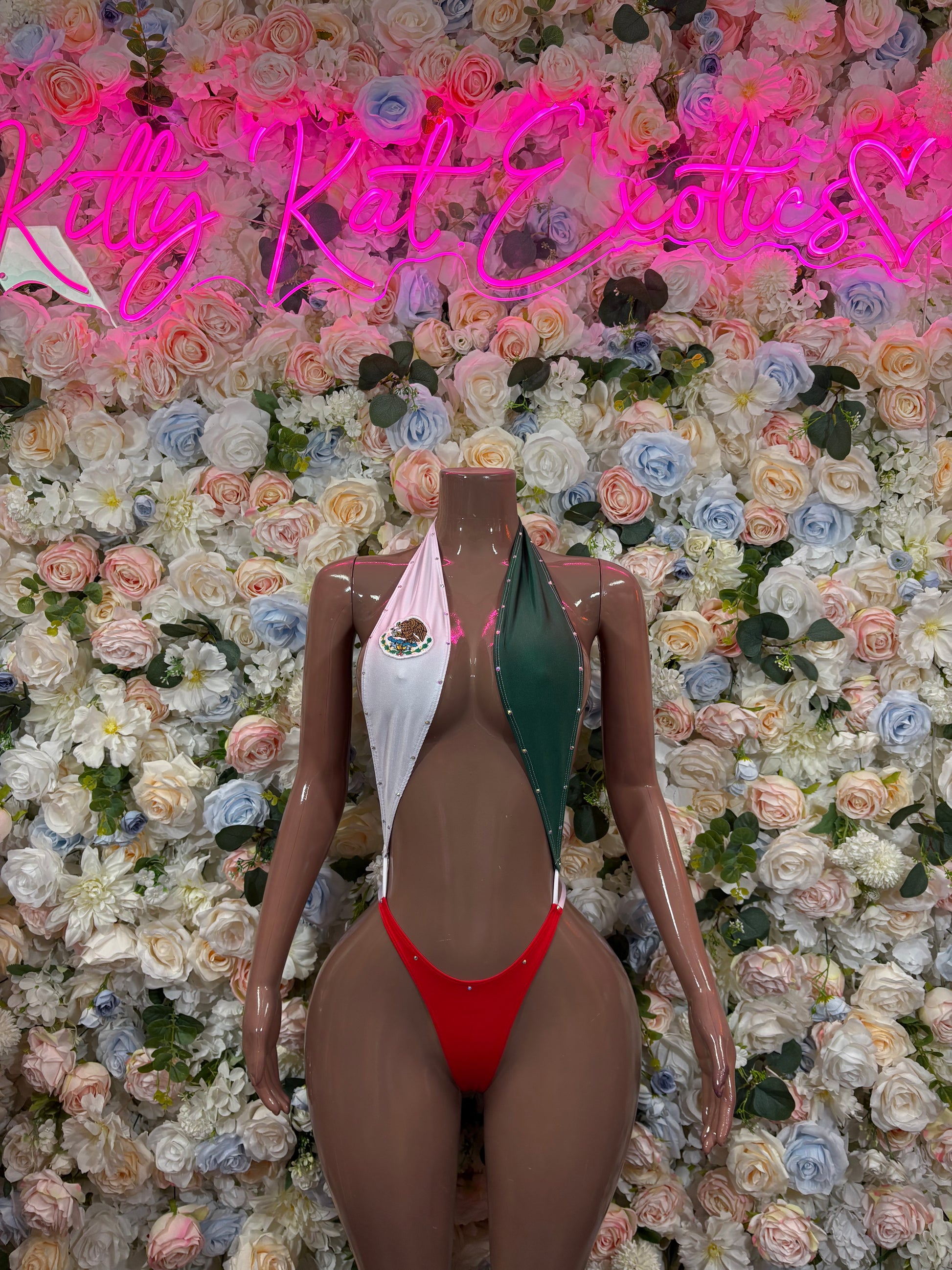 One-piece swimsuit in red, green, and white with plunging neckline