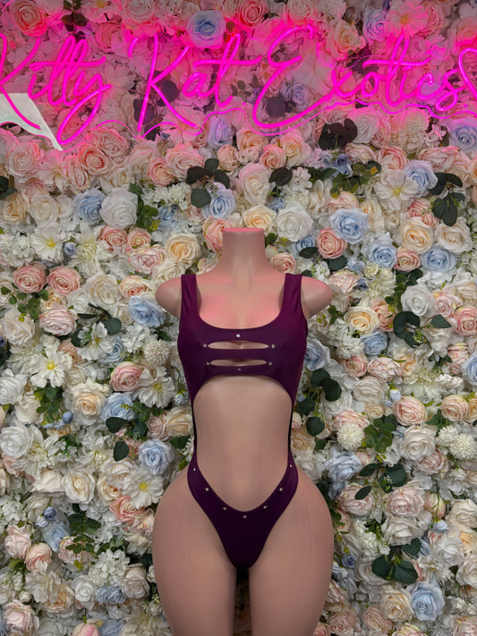 Burgundy cutout bodysuit with strappy front and thong-style bottom