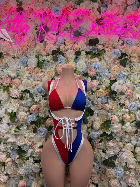 Dominican Flag Bottlegirl Bodysuit, One Piece Bartender Outfit, Parade Costume, Festival Rave Wear