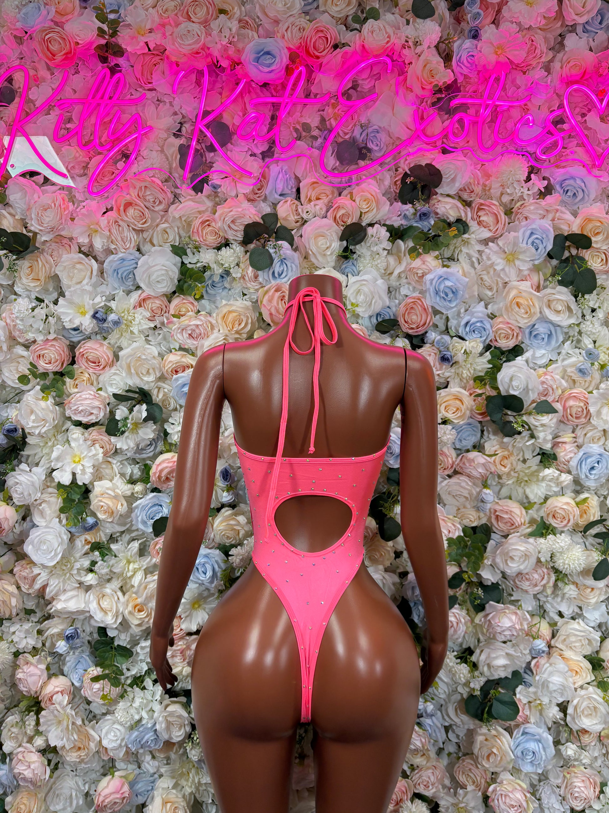Coral rhinestone bodysuit, open back with tie straps and thong cut