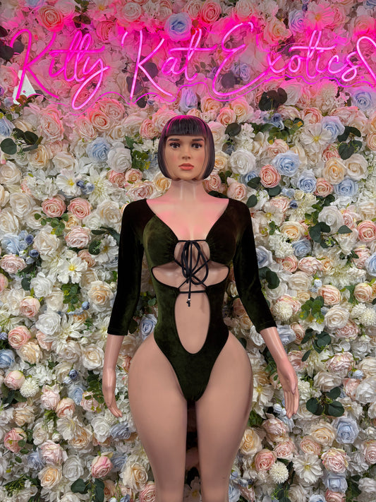 Bottlegirl Forest Green Velvet Bodysuit One Piece Rave Festival Outfit, Exotic Dancewear Bartender Outfit
