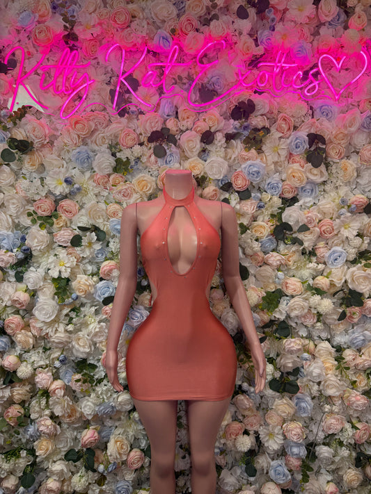 Rose pink club dress with halter neckline, cutout chest, backless open sides