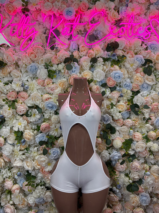 White festival bodysuit with front oval cutout and wide leg openings
