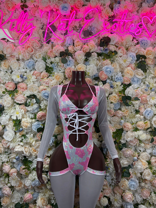 Bottlegirl Pink Cow Print Bodysuit  - One Piece Bartender Outfit, EDM Dancewear, Party Clubwear
