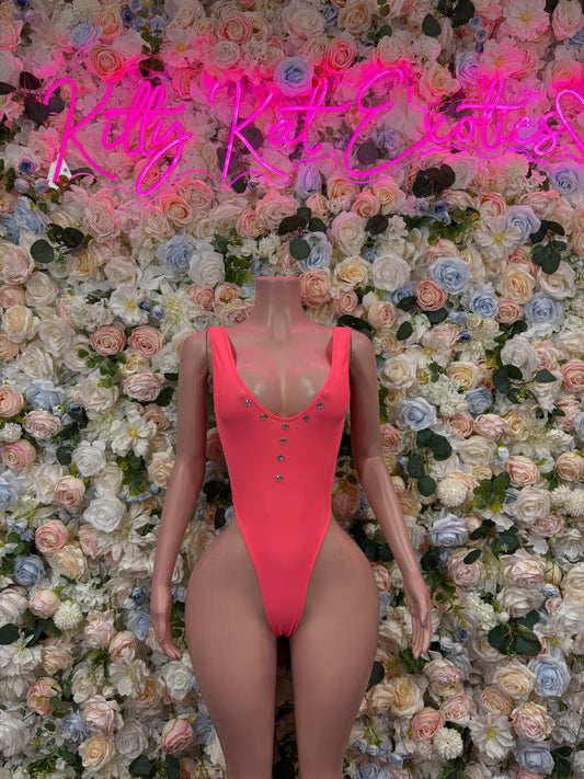 Coral one-piece bodysuit with scoop neckline and thin straps, small jeweled accents