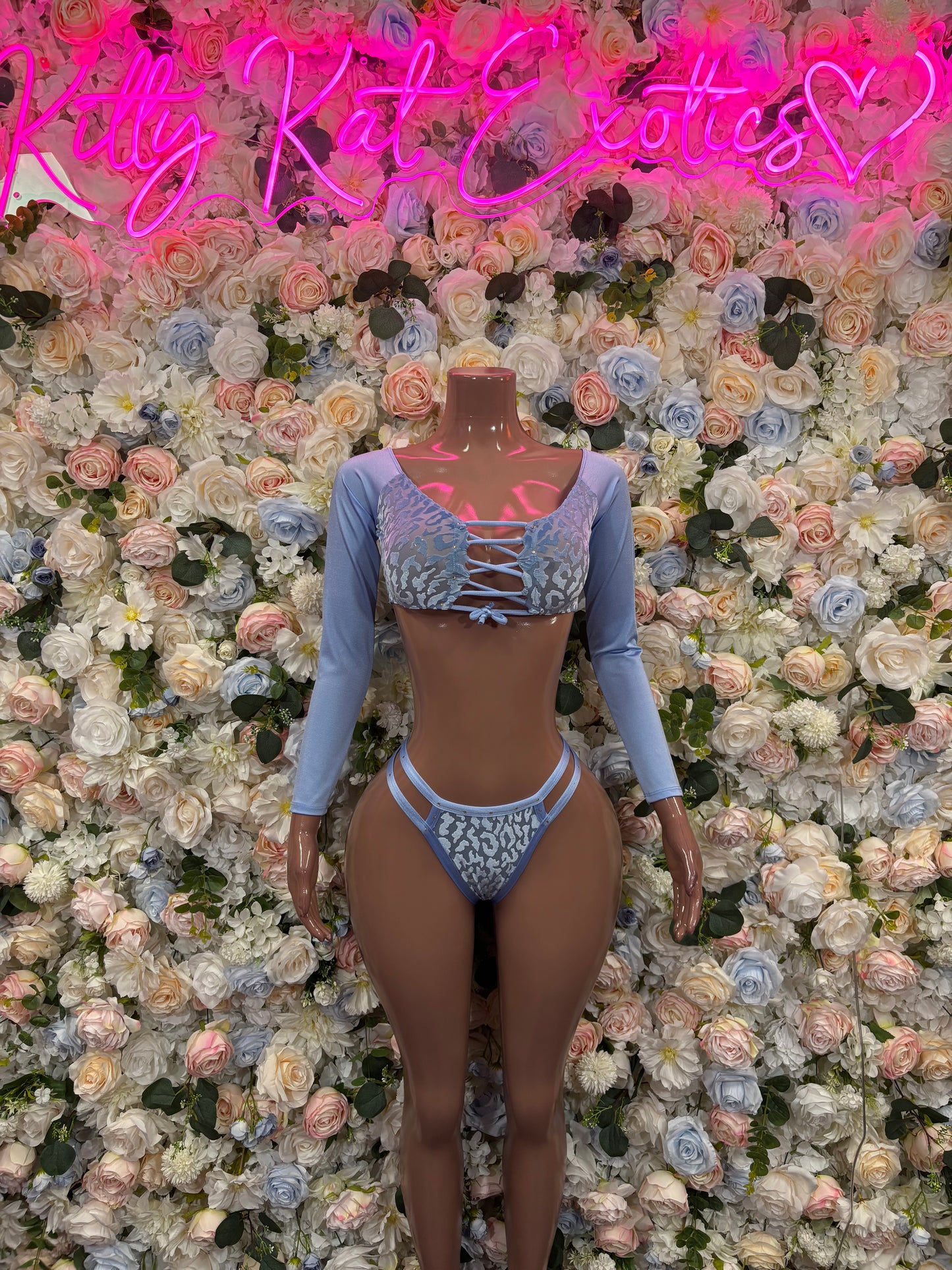 Baby blue long-sleeve two-piece rave outfit with lace-up bralette and bikini bottoms
