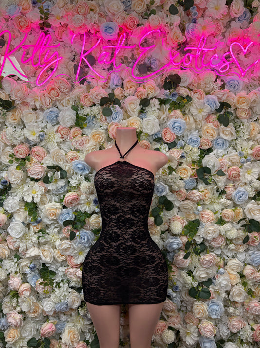 Black lace bodysuit mini dress with spaghetti straps and sweetheart neckline