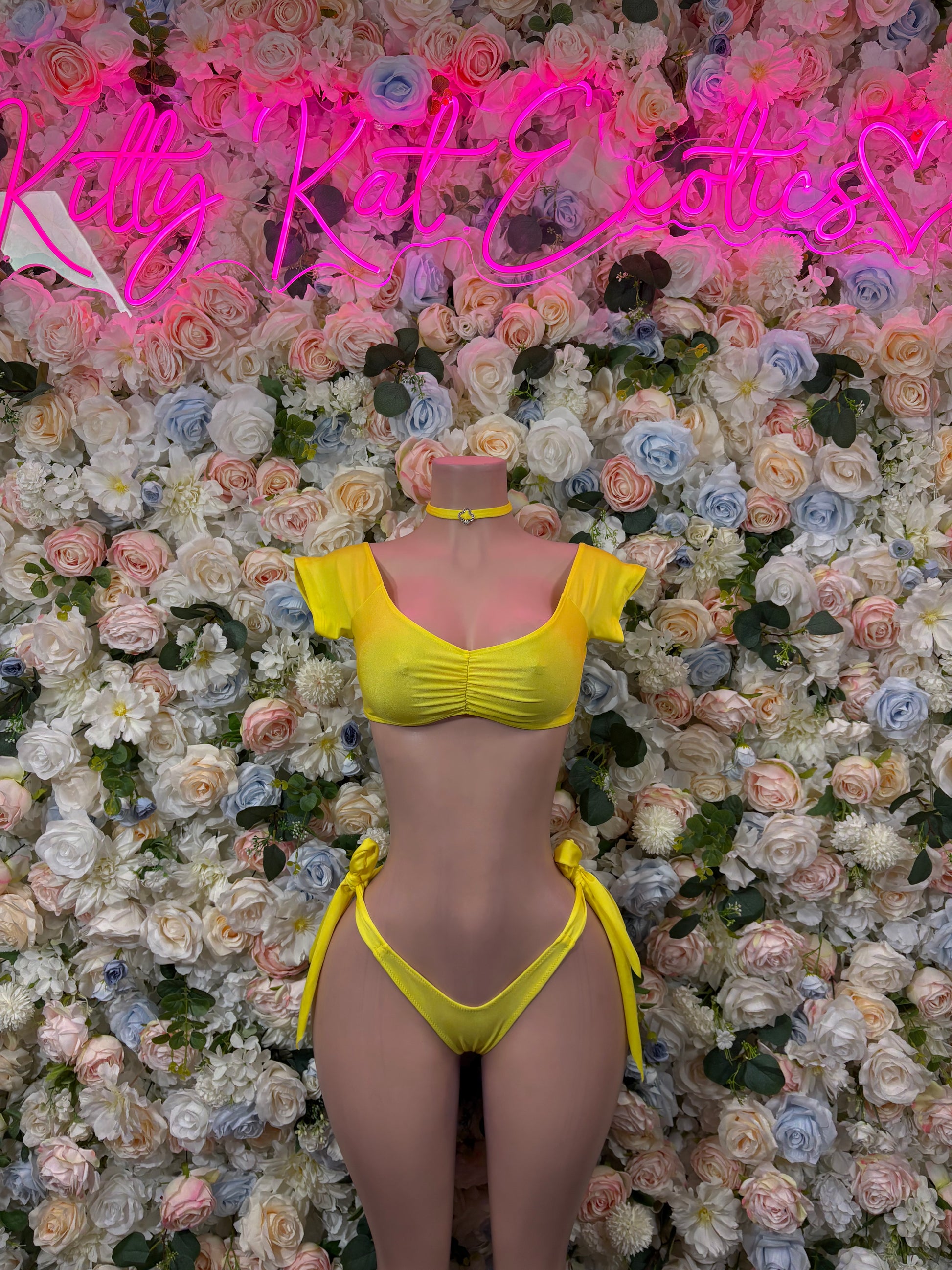 Yellow ruched strappy bra and high-cut thong bottoms set, front view