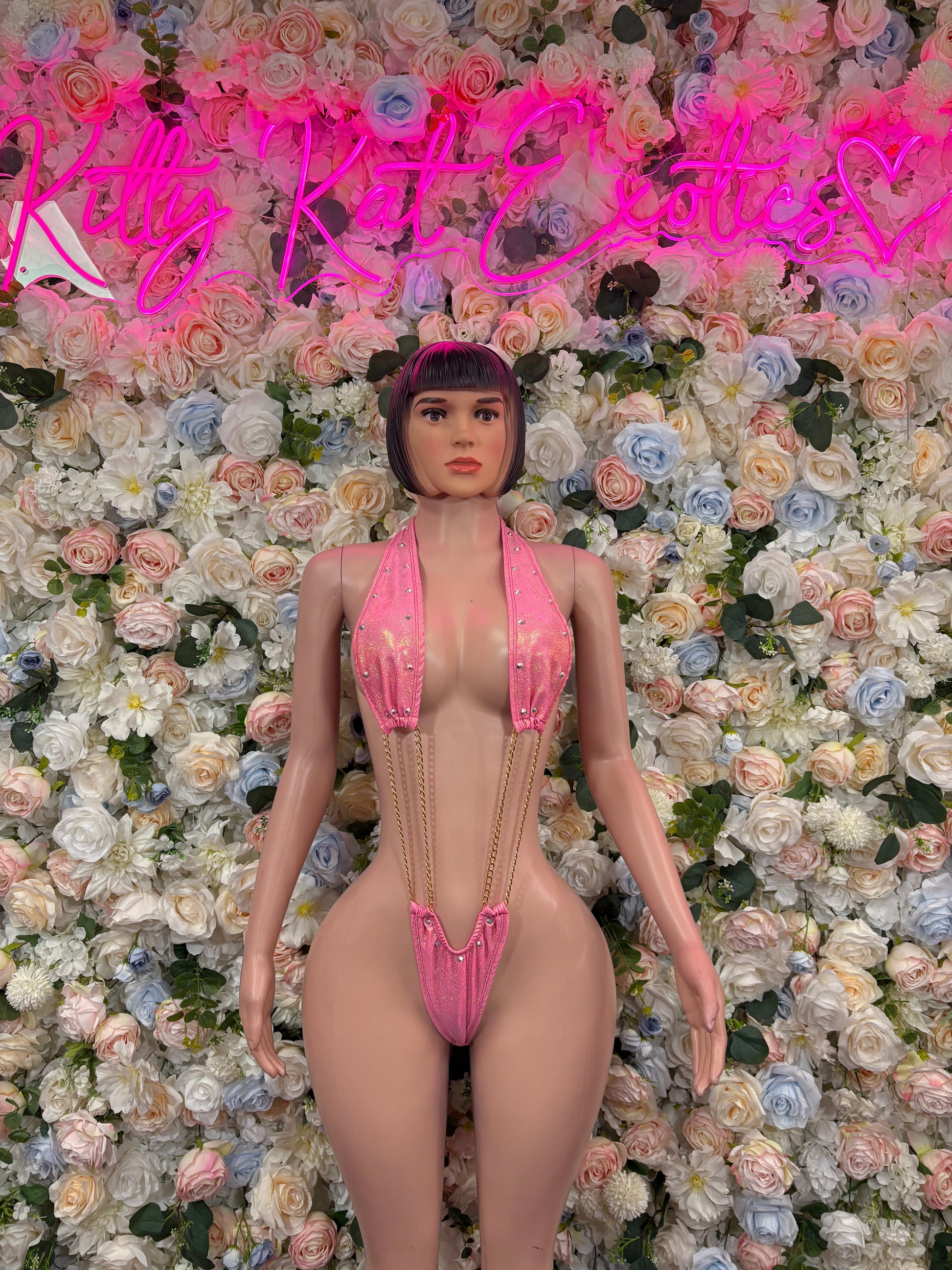Pink sequin halter bodysuit with deep plunge front and chain fringe