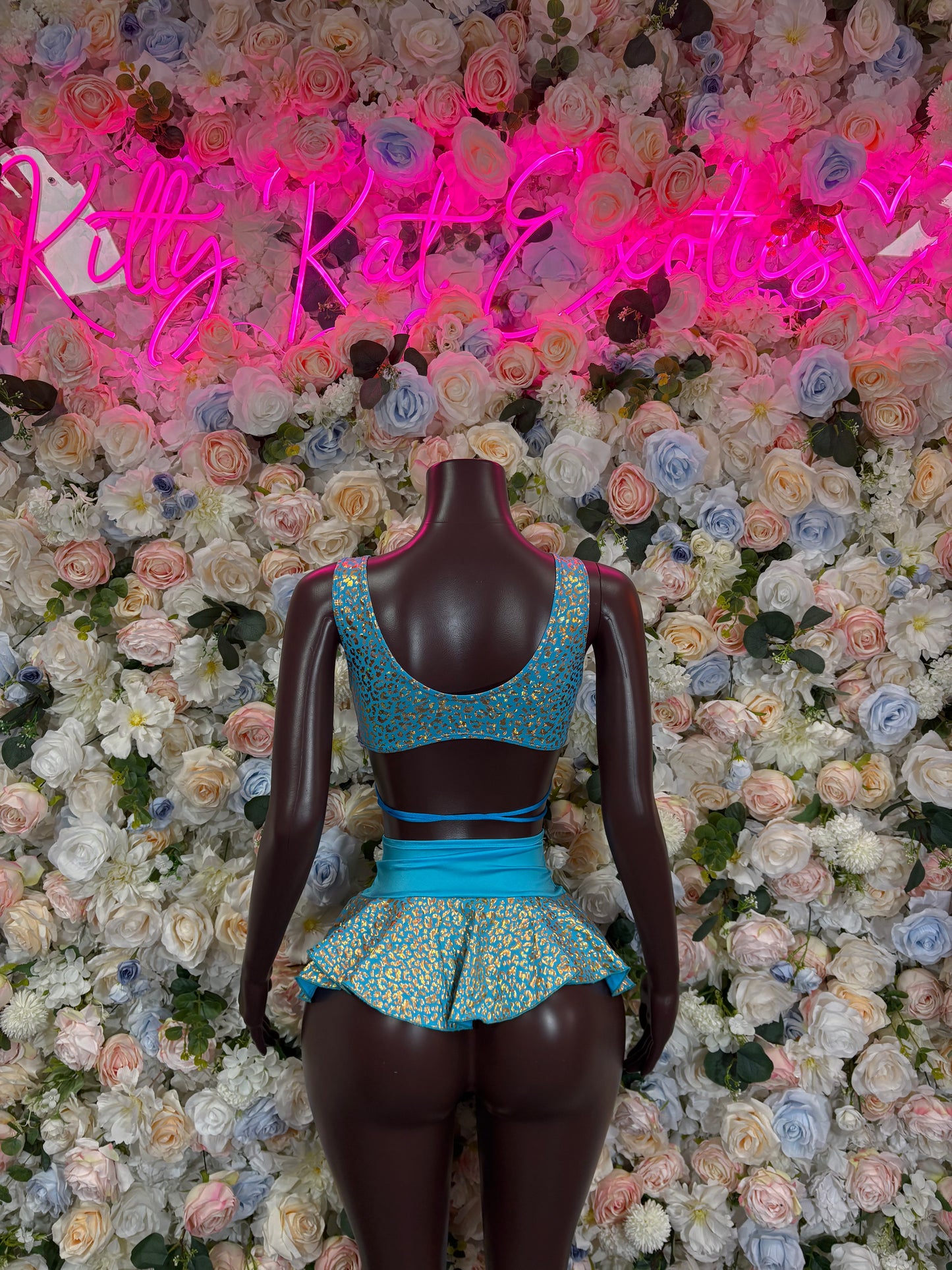 Bottlegirl Teal Cheetah Skirt Set  - Teal Ravewear, Bartender Festival Outfit, Sexy Clubwear, EDM Dance Costume