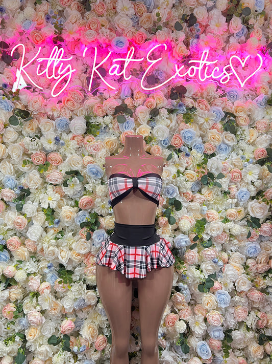 Pink plaid two-piece skirt set with bow halter top and black waistband (mannequin)