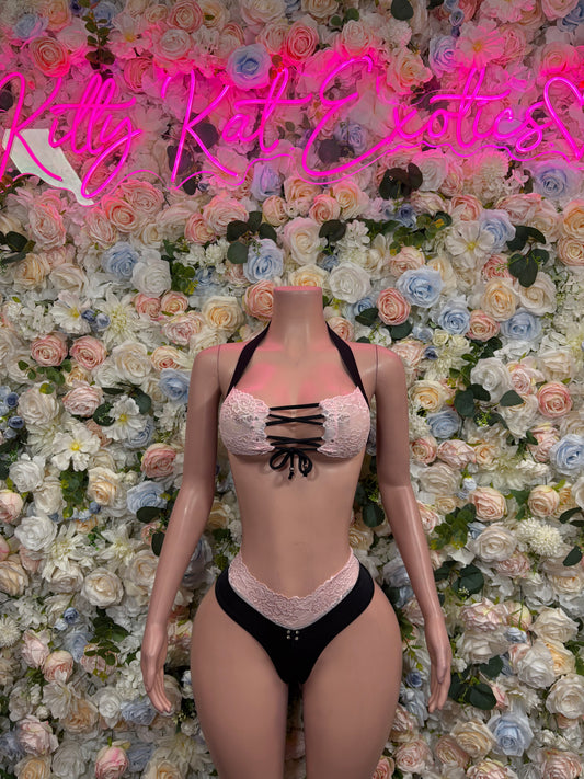 Black Pink Lace Two Piece Set Festival Outfit Dancewear Clubwear Ravewear