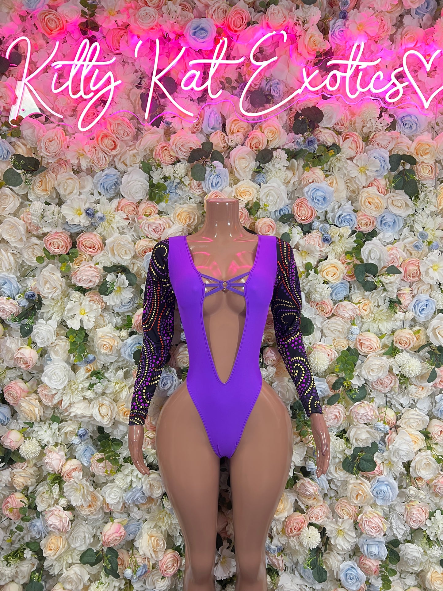 Purple bodysuit with V front, sheer black sequin sleeves