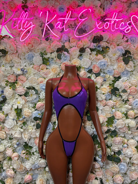 Purple one-piece bodysuit with black trim, cutout front and high-leg coverage