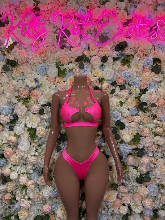 Pink two-piece dancewear set with triangle bra top and high-cut bottoms