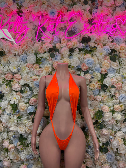 Orange one-piece bodysuit with halter neck and high-cut legs