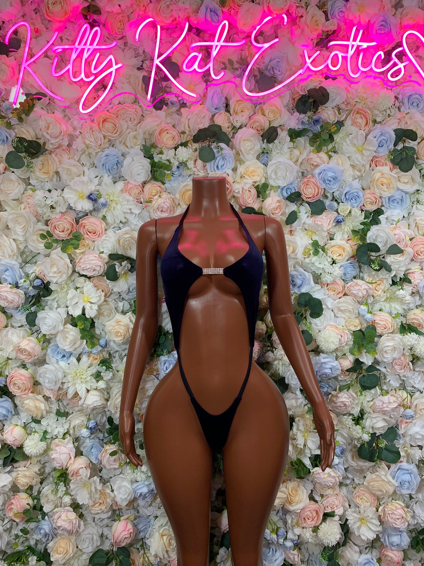 Front view dark velvet one-piece bodysuit with plunging V neckline