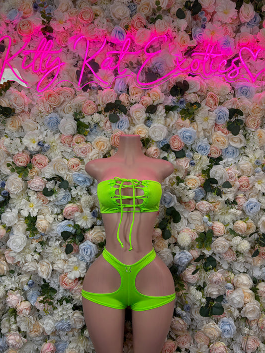 Neon green two-piece dancewear set, lace-up bandeau top and high-cut bottoms