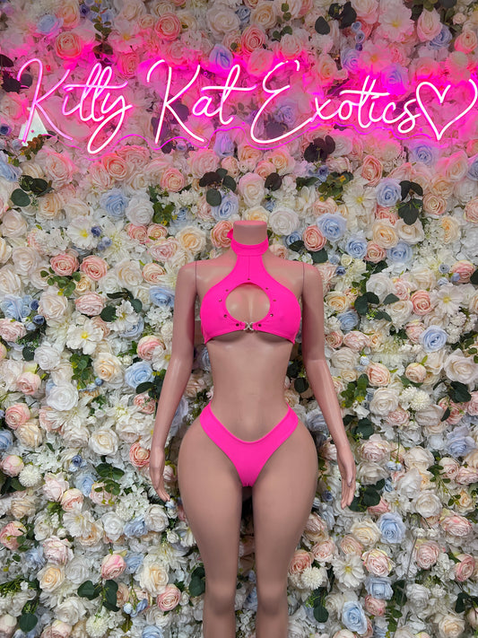 Pink halter two-piece bikini with front cutout and high-cut bottoms, front view