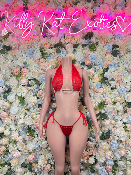 Red lace triangle two-piece bikini with halter neck and tie-side bottoms