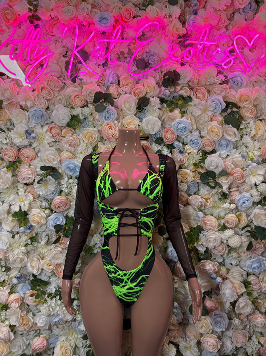 Bottlegirl One-Piece Bodysuit Green and Yellow  Lightening - Custom Design | Exotic Dancewear for Performers, Raves, & Nights Out