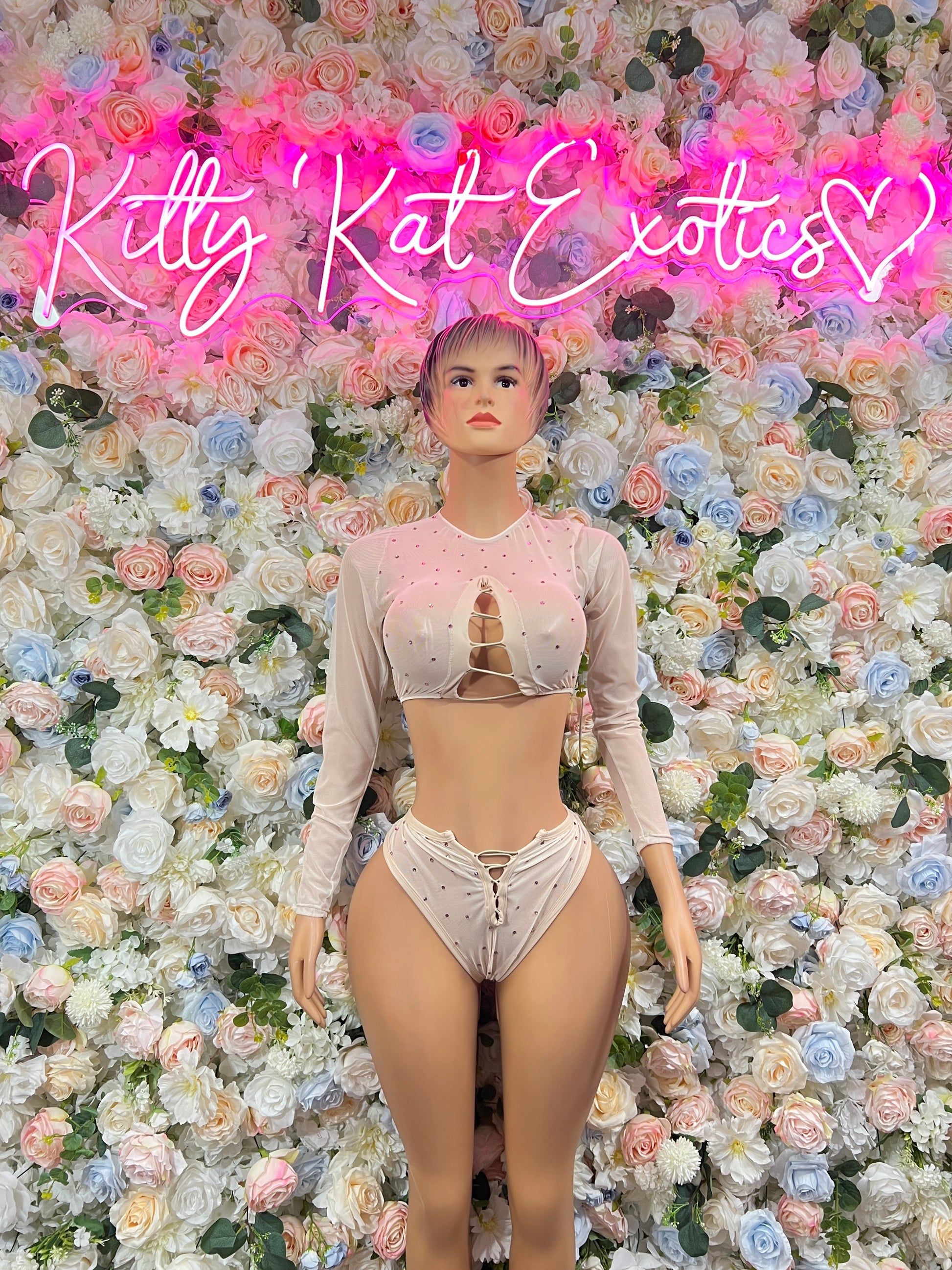 Nude long-sleeve bodysuit one-piece set with thong bottom, front view