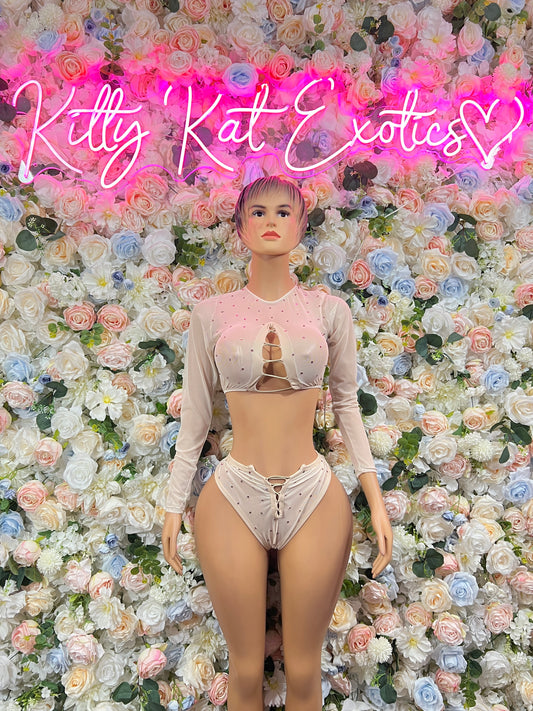 Nude long-sleeve bodysuit one-piece set with thong bottom, front view