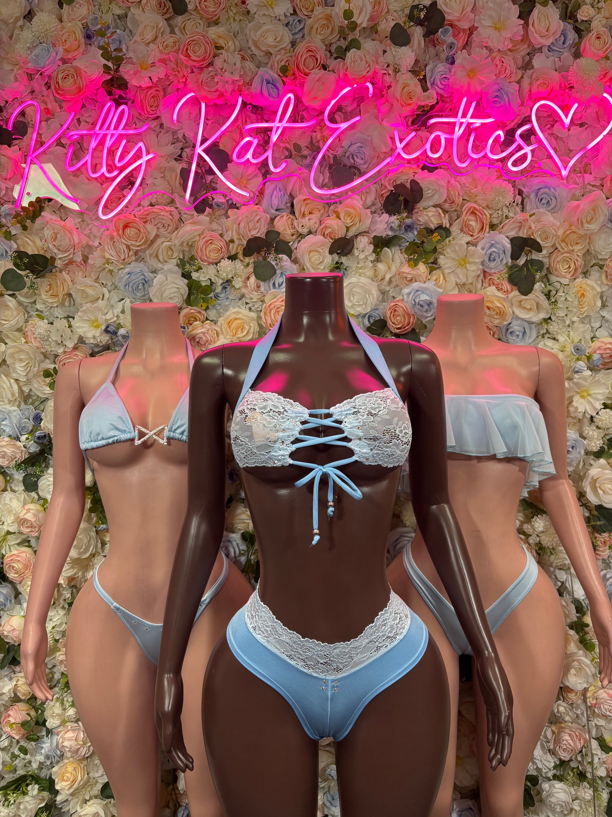 Light blue lace two-piece rave outfit, lace triangle bra and matching briefs