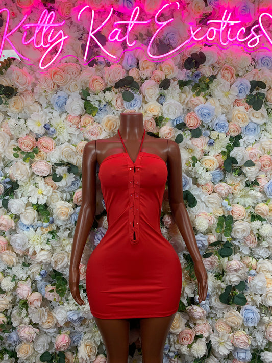 Red midi cocktail dress, halter neckline with front buttons, fitted bodycon silhouette