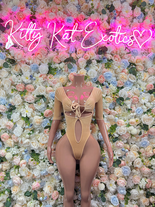 Nude velvet one-piece bodysuit with long sleeves, front tie, and keyhole cutout