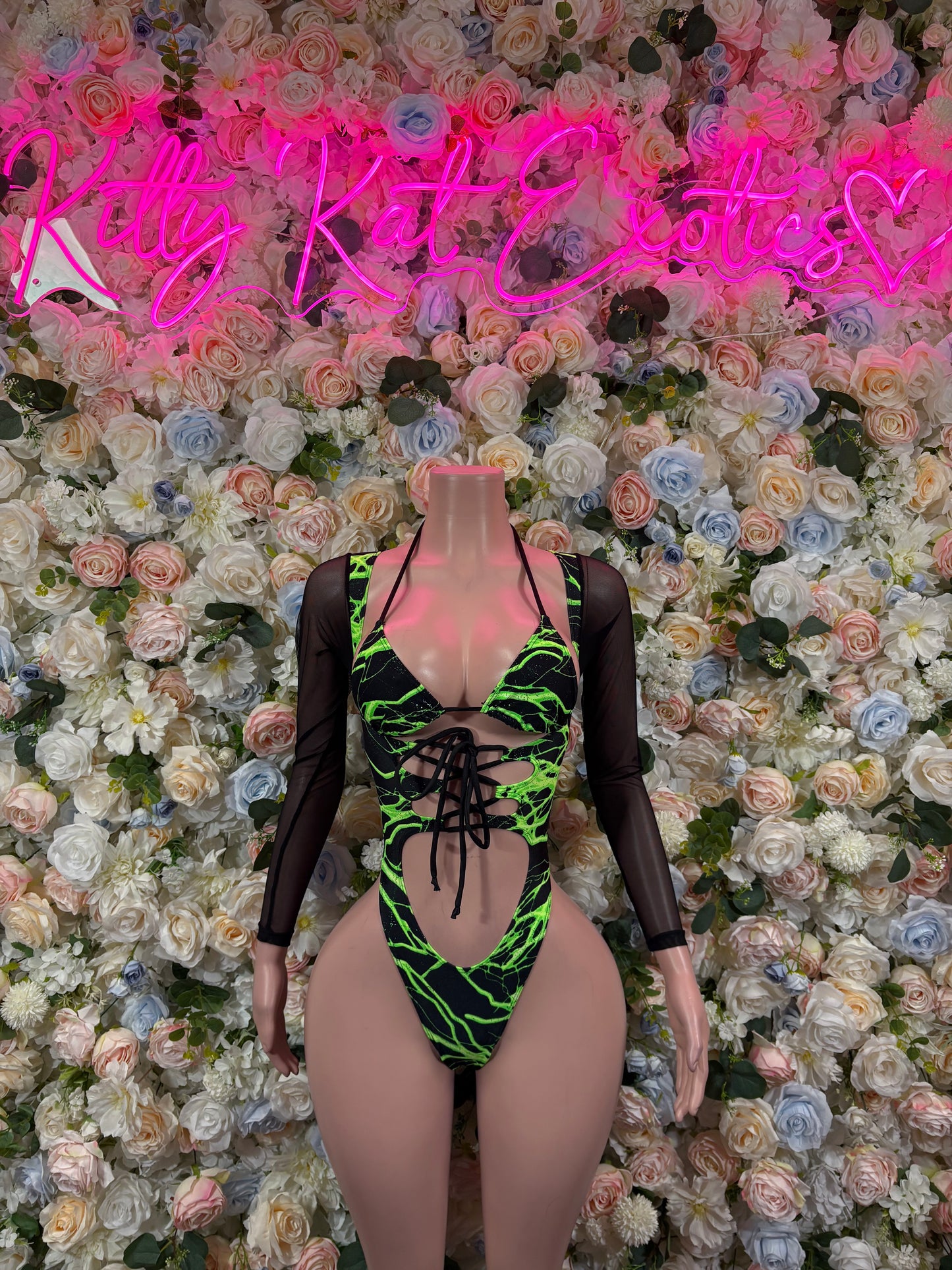 Bottlegirl One-Piece Bodysuit Green and Yellow  Lightening - Custom Design | Exotic Dancewear for Performers, Raves, & Nights Out