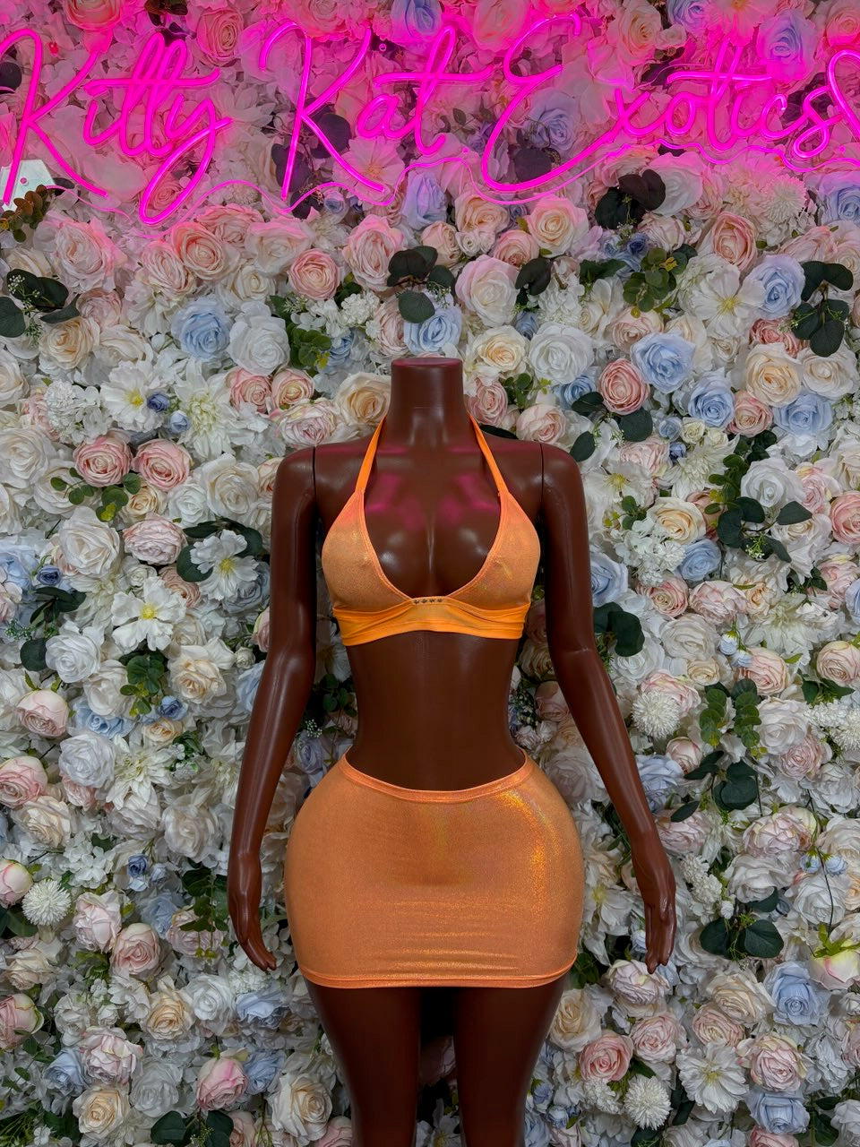 Orange holographic halter crop top and mini skirt, front tie halter neckline