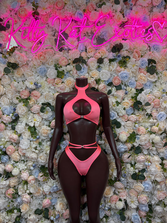 Two-piece rave dancewear set, coral-pink strappy bra and high-cut bikini bottoms