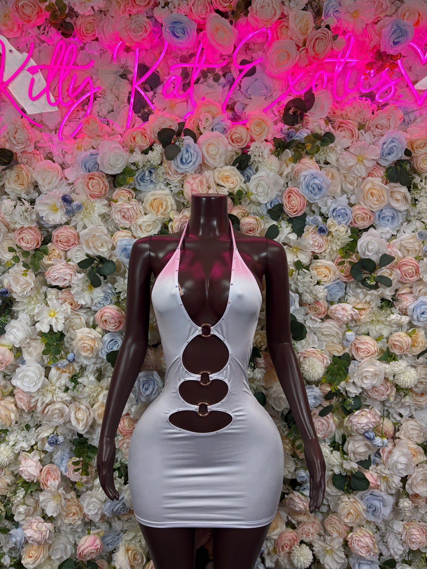 White halter mini dress bodysuit with gold ring cutouts