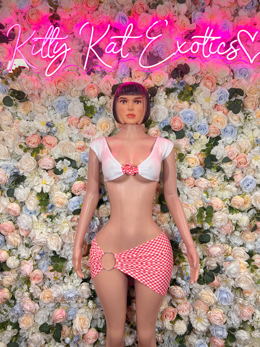 White bralette and red gingham mini skirt, front view, two-piece rave set