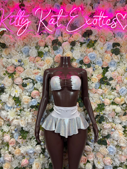 White metallic strapless crop top and tiered ruffle mini skirt two-piece outfit