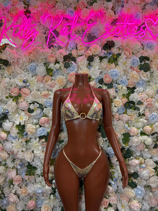 Snake Print Bikini Side Tie Thong Set Iridescent Festival Rave Two Piece Exotic Dancewear