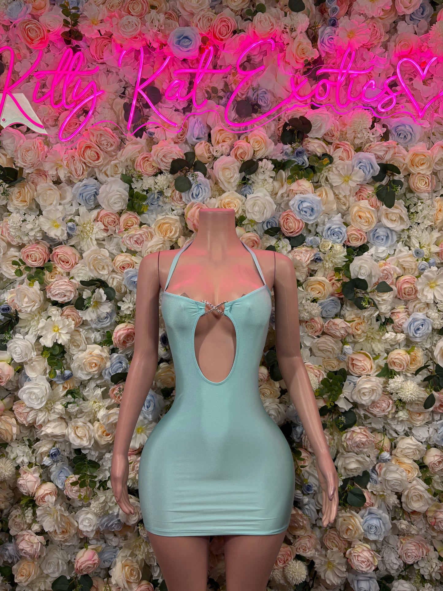 Teal mini dance dress with spaghetti straps and front keyhole cutout