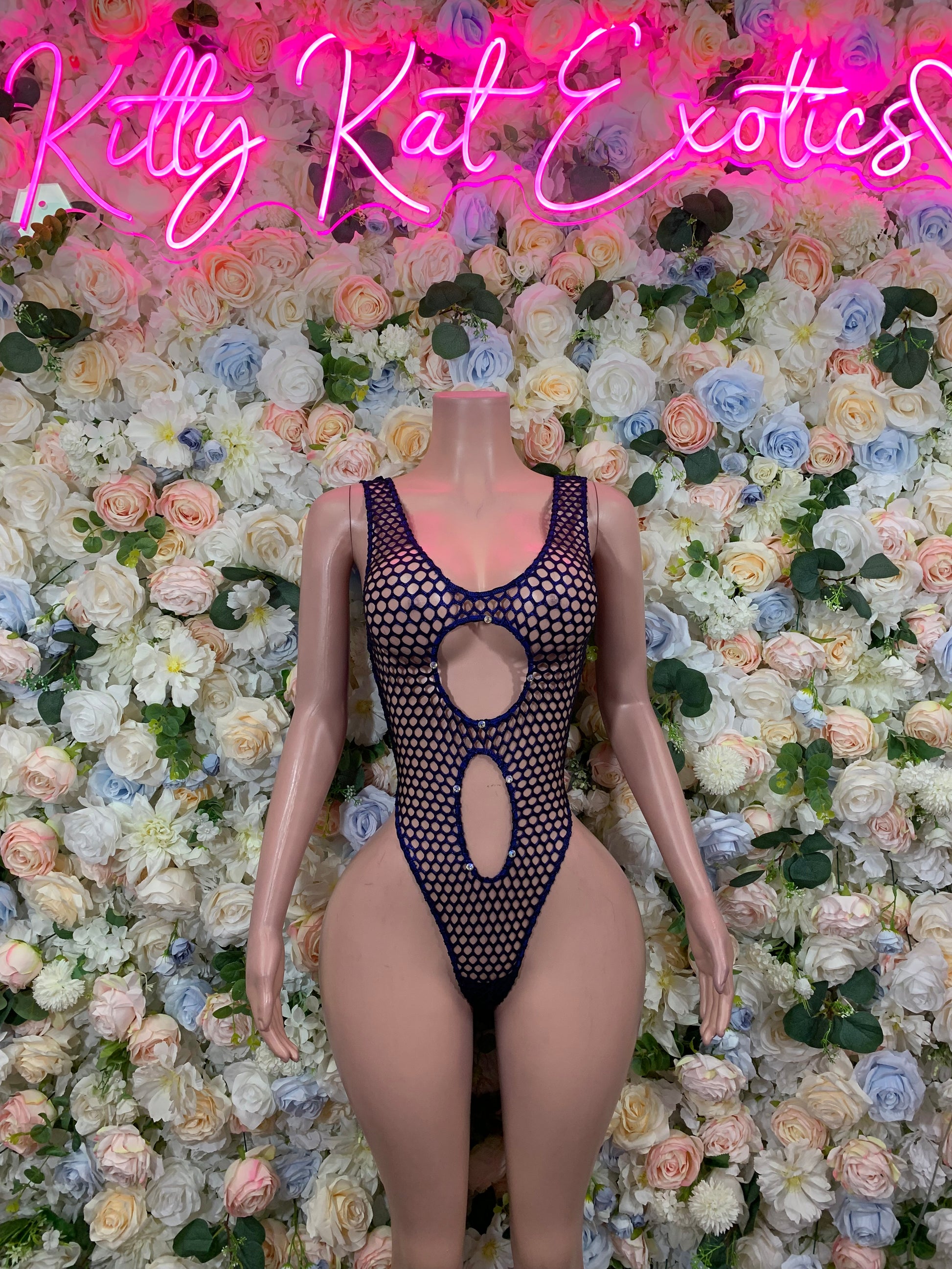 Navy fishnet one-piece with front oval cutout, vertical waist slit, high-cut leg