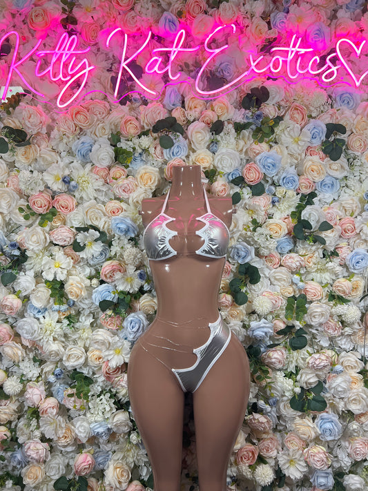 Shiny silver metallic latex bikini with triangle top and high-cut cheeky bottom