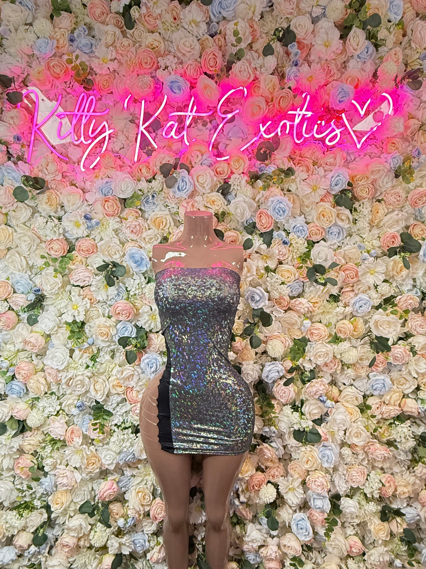 Iridescent metallic hologram mini dress, strapless sweetheart neckline, sleeveless
