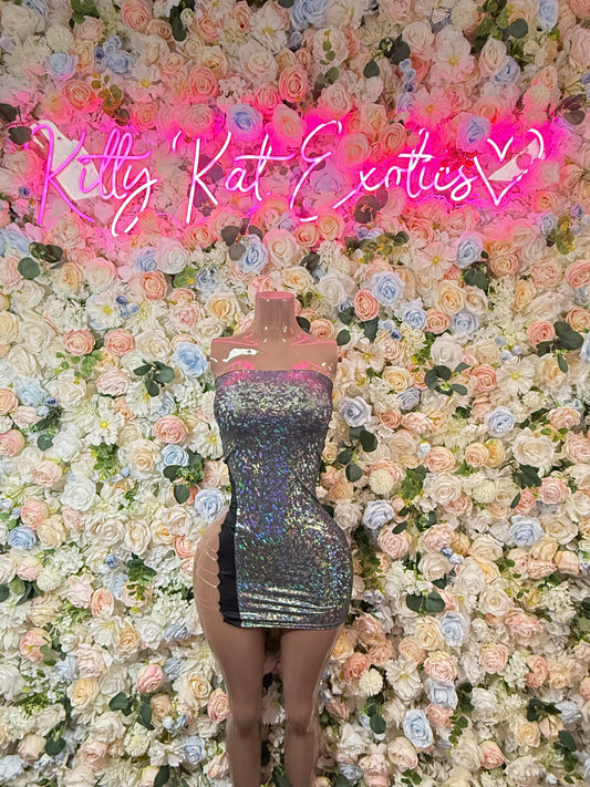 Iridescent metallic hologram mini dress, strapless sweetheart neckline, sleeveless