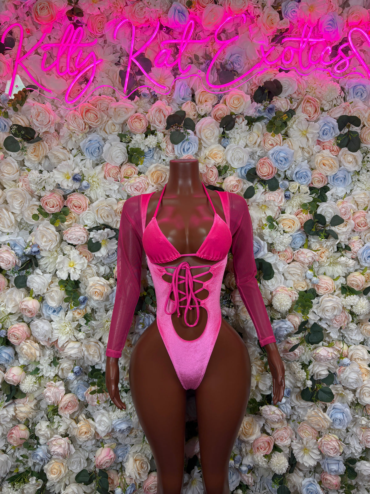 Pink Velvet Bodysuit | Lace-Up Festival Rave Clubwear One Piece