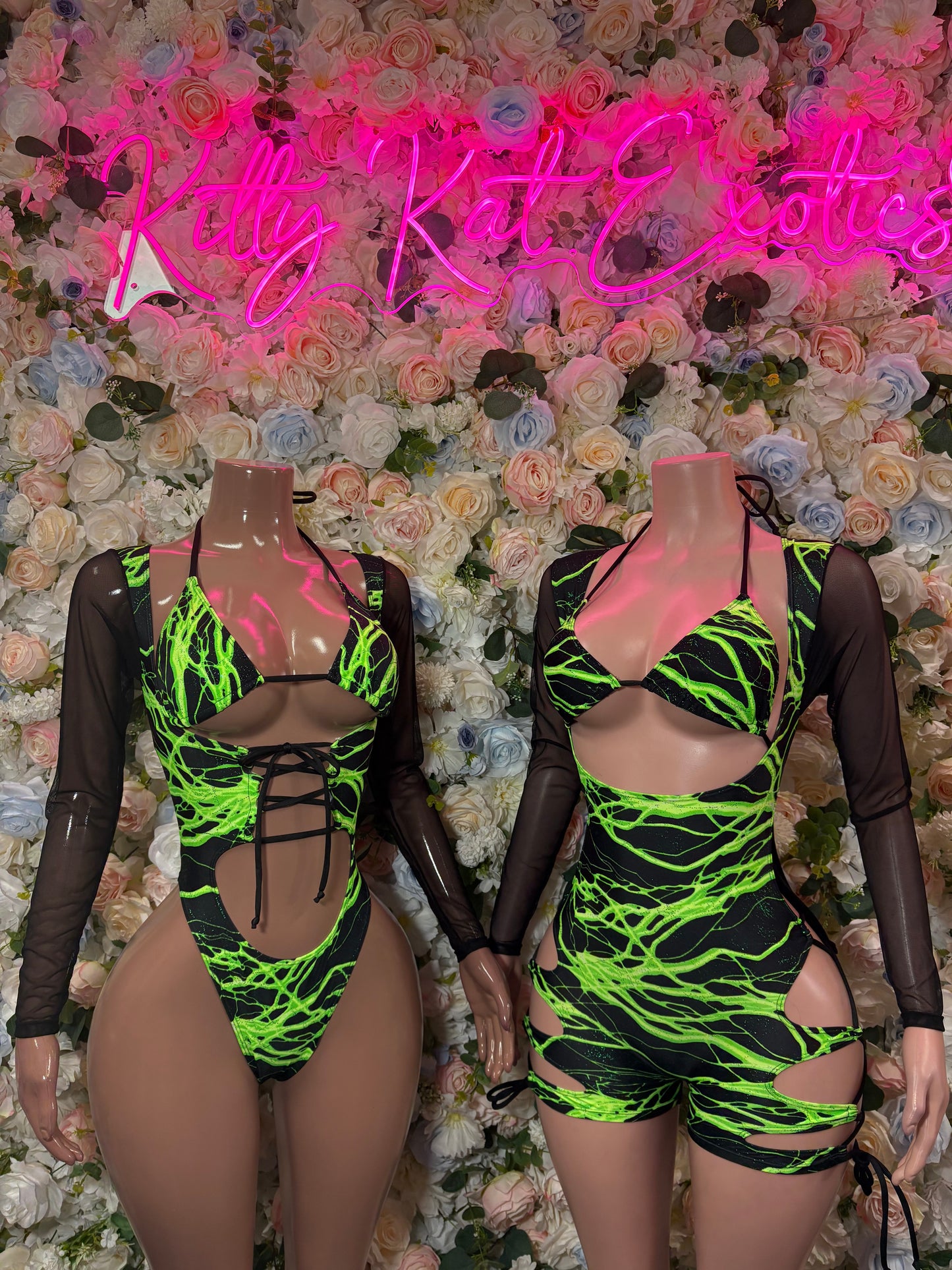 Bottlegirl One-Piece Bodysuit Green and Yellow  Lightening - Custom Design | Exotic Dancewear for Performers, Raves, & Nights Out