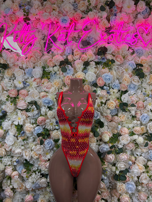 Exotic Dancewear Fire Rhinestone Two Piece set – Rave outfit, rave wear costume, pole dance lingerie, festival bikini