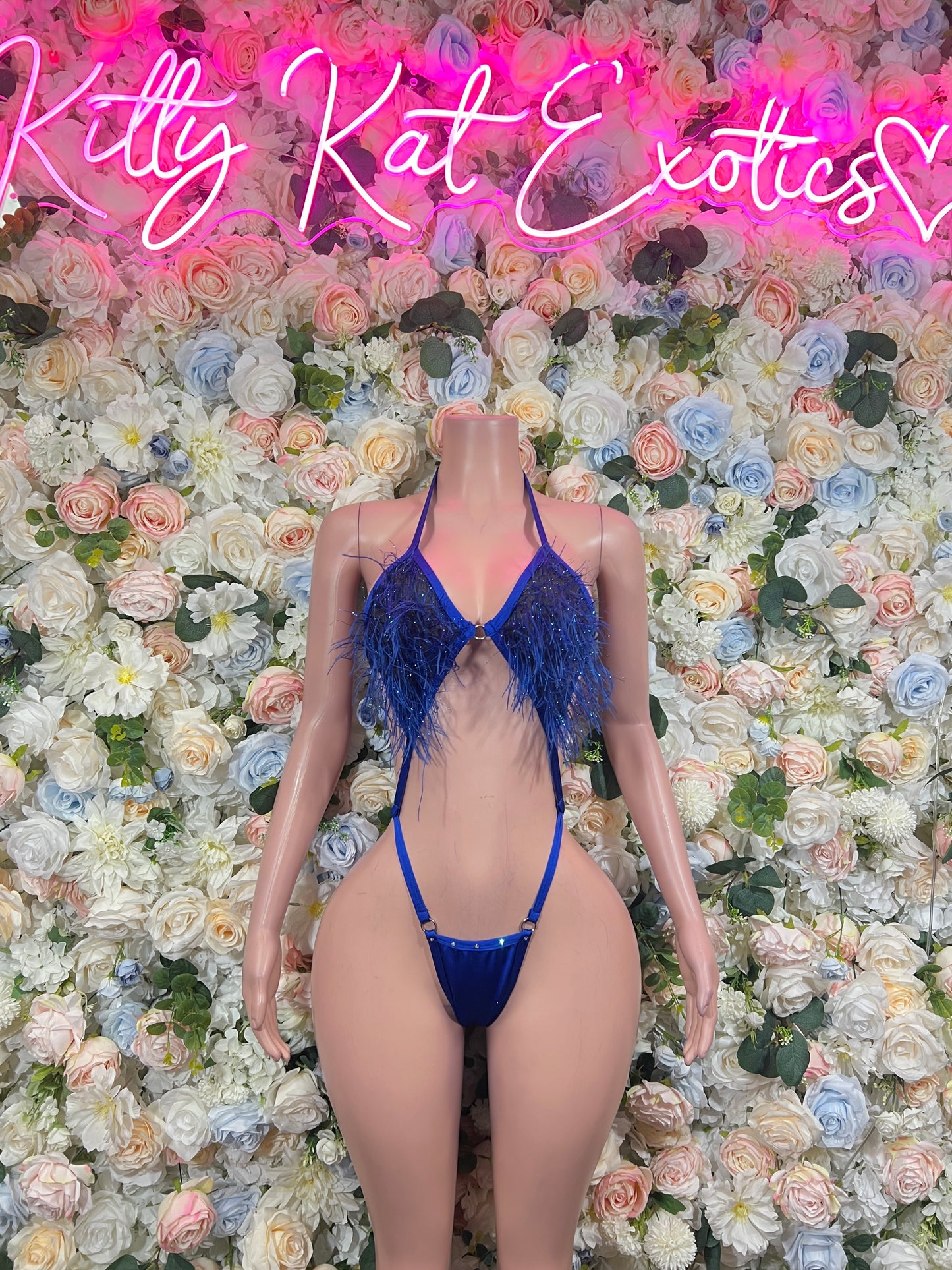Blue Feather Fringe Bodysuit Rave Festival Exotic Dancewear Sparkly Glitter Boa Club Outfit